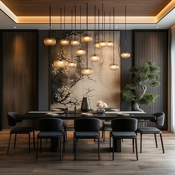 Phòng ăn với vải dán tường họa tiết trang nhã tạo nên không gian ấn tượng. 